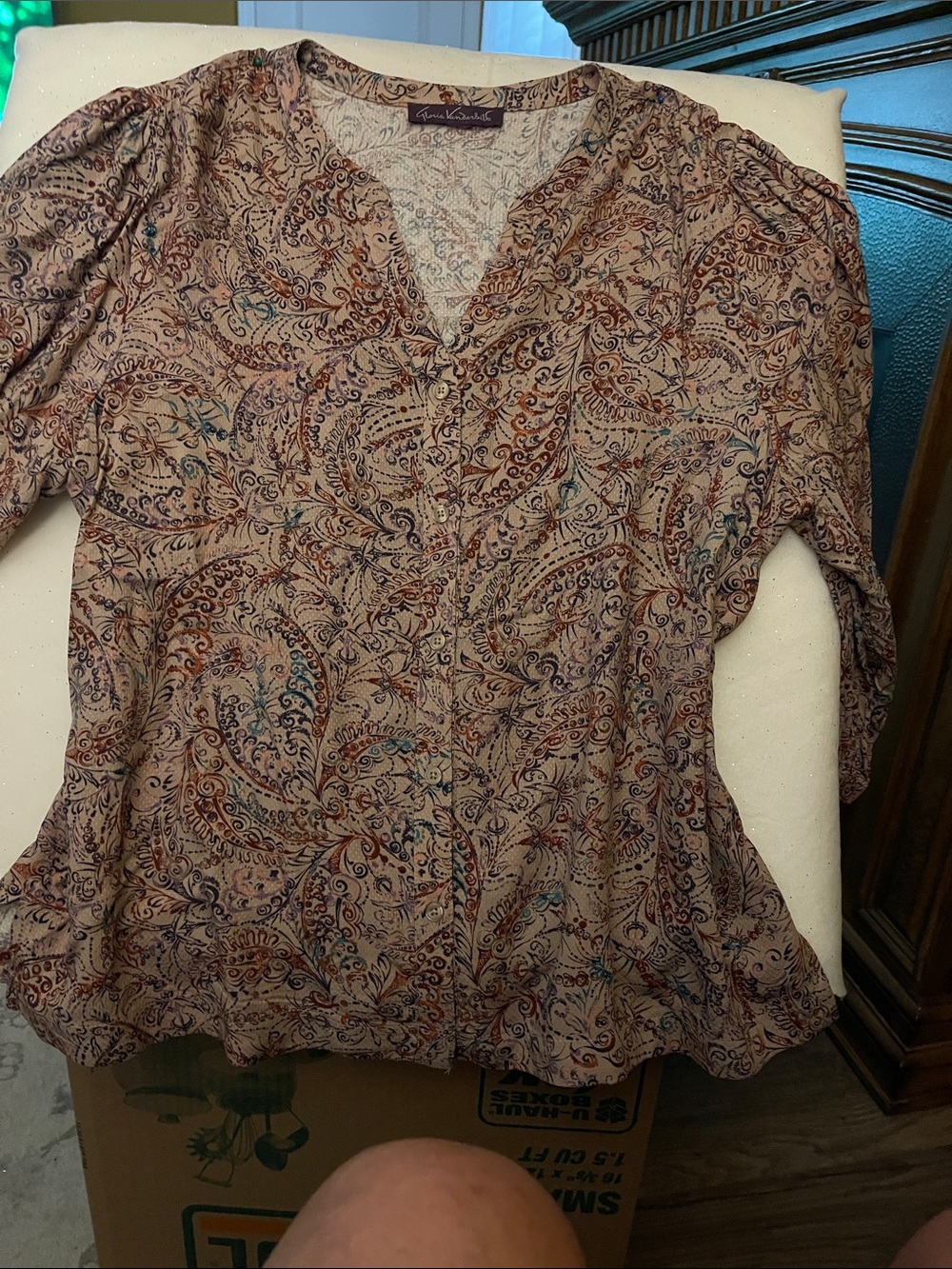 Gloria Vanderbilt Neutral Paisley Blouse with Teal & Rust Accents